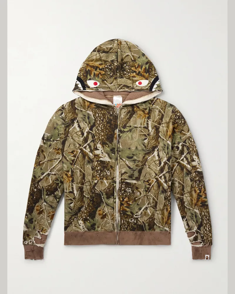 SAINT MXXXXXX BAPE Shark Camouflage-Print Cotton-Jersey Zip-Up Hoodie Green