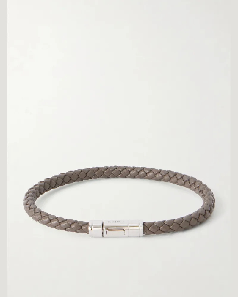 Tom Ford Logo-Engraved Silver-Tone and Woven Leather Bracelet Gray