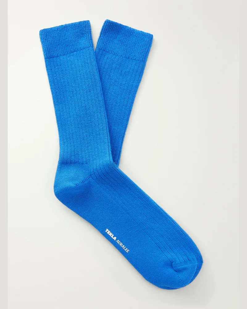 TEKLA Auralee Ribbed Organic Cotton-Blend Socks Blue