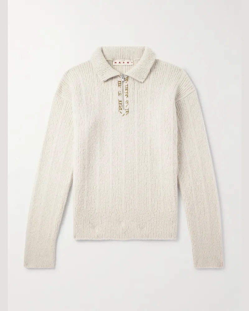 Marni Pullover aus einer Woll-Kaschmirmischung mit kurzem Reißverschluss und Stickereien Neutral
