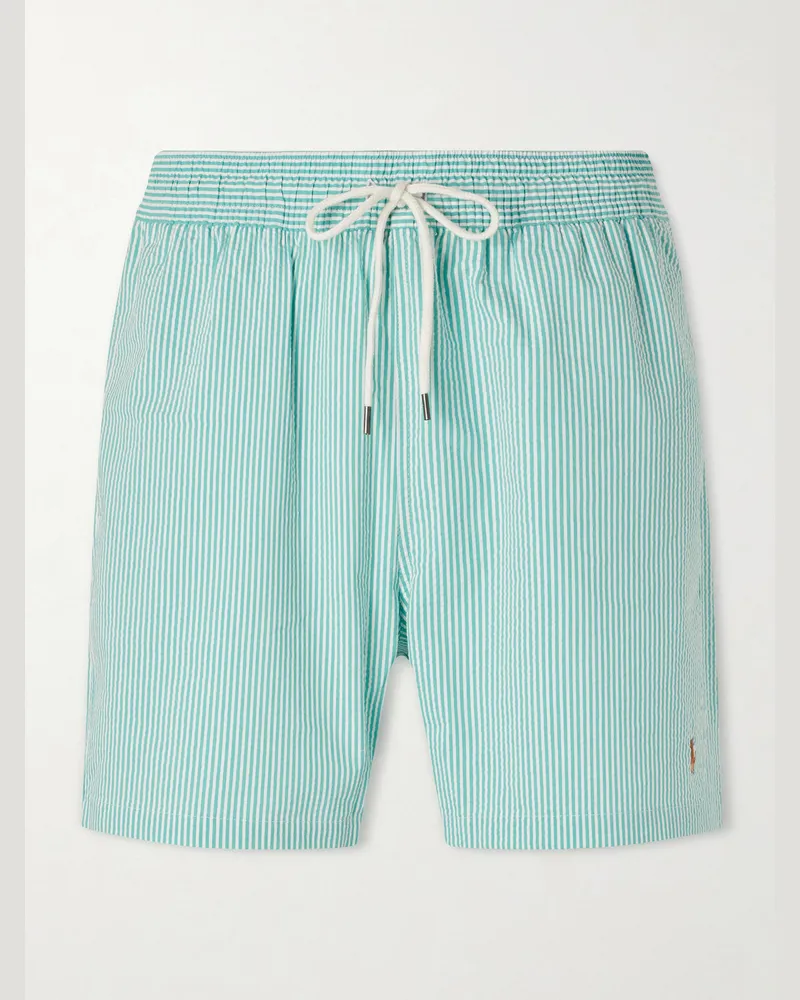 Ralph Lauren Traveler gerade geschnittene, mittellange Badeshorts aus gestreiftem Seersucker aus einer Baumwollmischung Grün