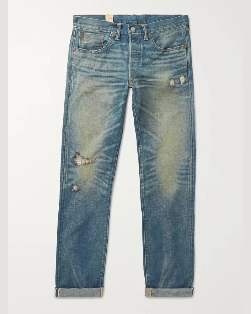 RRL Ridgway schmal geschnittene Jeans aus Selvedge Denim in Distressed-Optik Blau