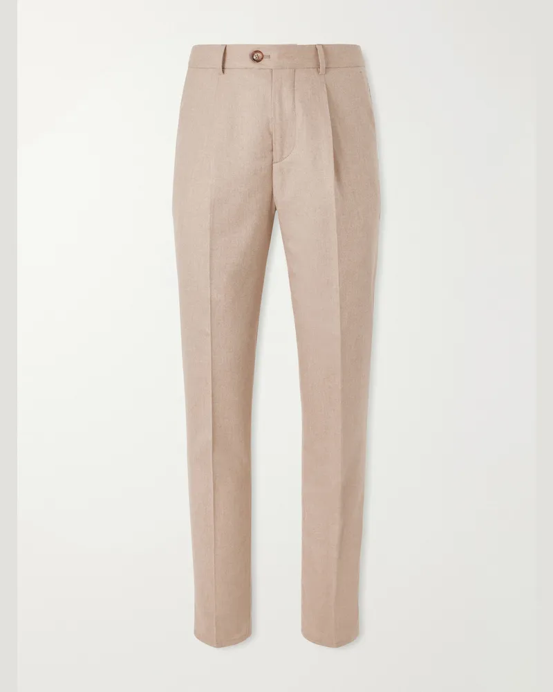 Brunello Cucinelli Tapered Pleated Virgin Wool, Cashmere and Silk-Blend Flannel Trousers Brown