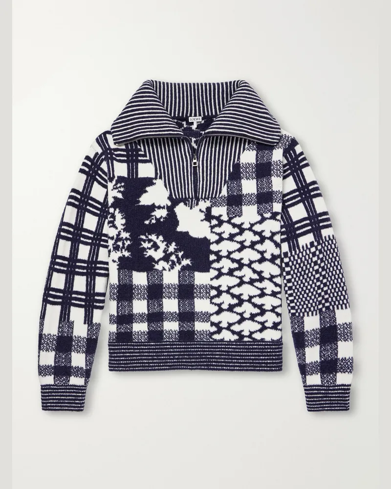 Loewe Checked Wool-Blend Half-Zip Sweater Blue