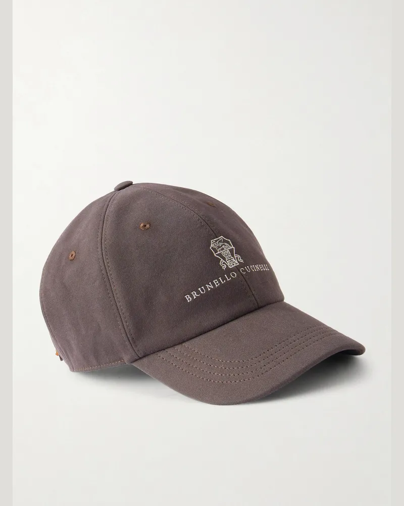 Brunello Cucinelli Logo-Embroidered Leather-Trimmed Cotton-Twill Baseball Cap Brown