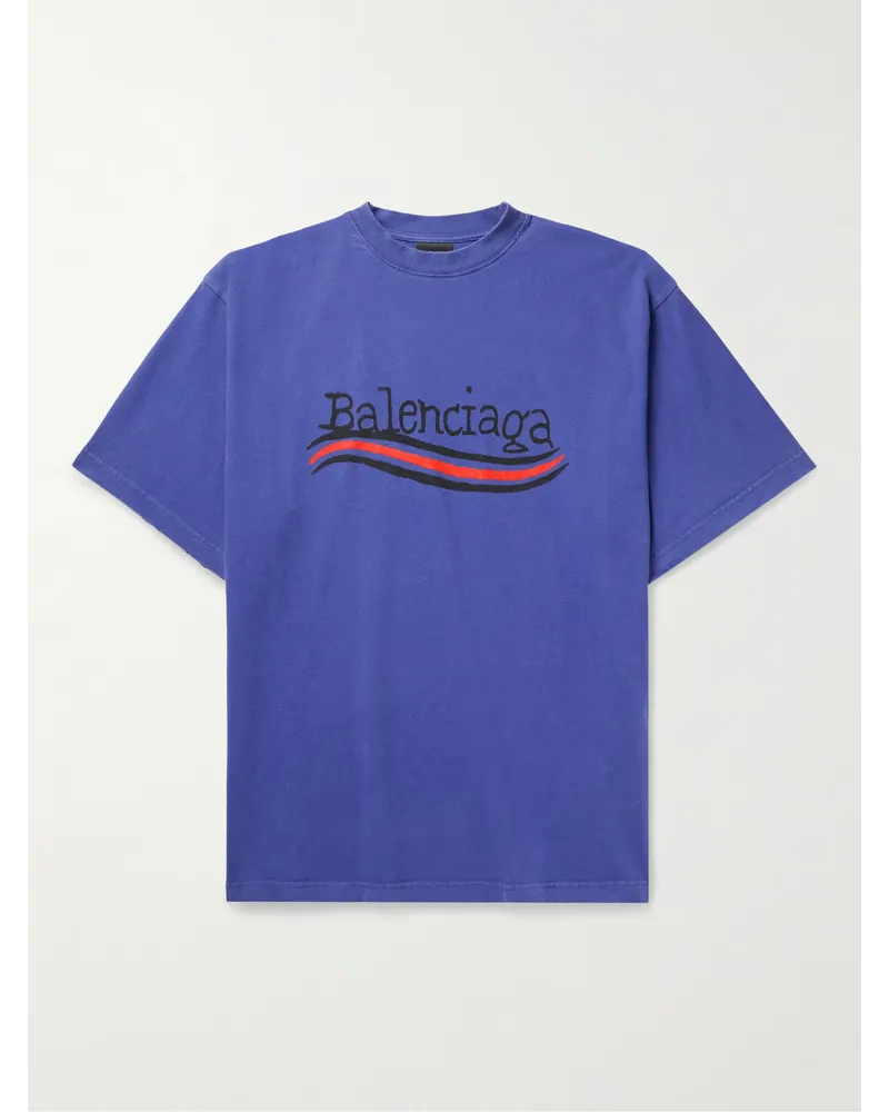 Balenciaga Oversized-T-Shirt aus Baumwoll-Jersey mit Logoprint Blau