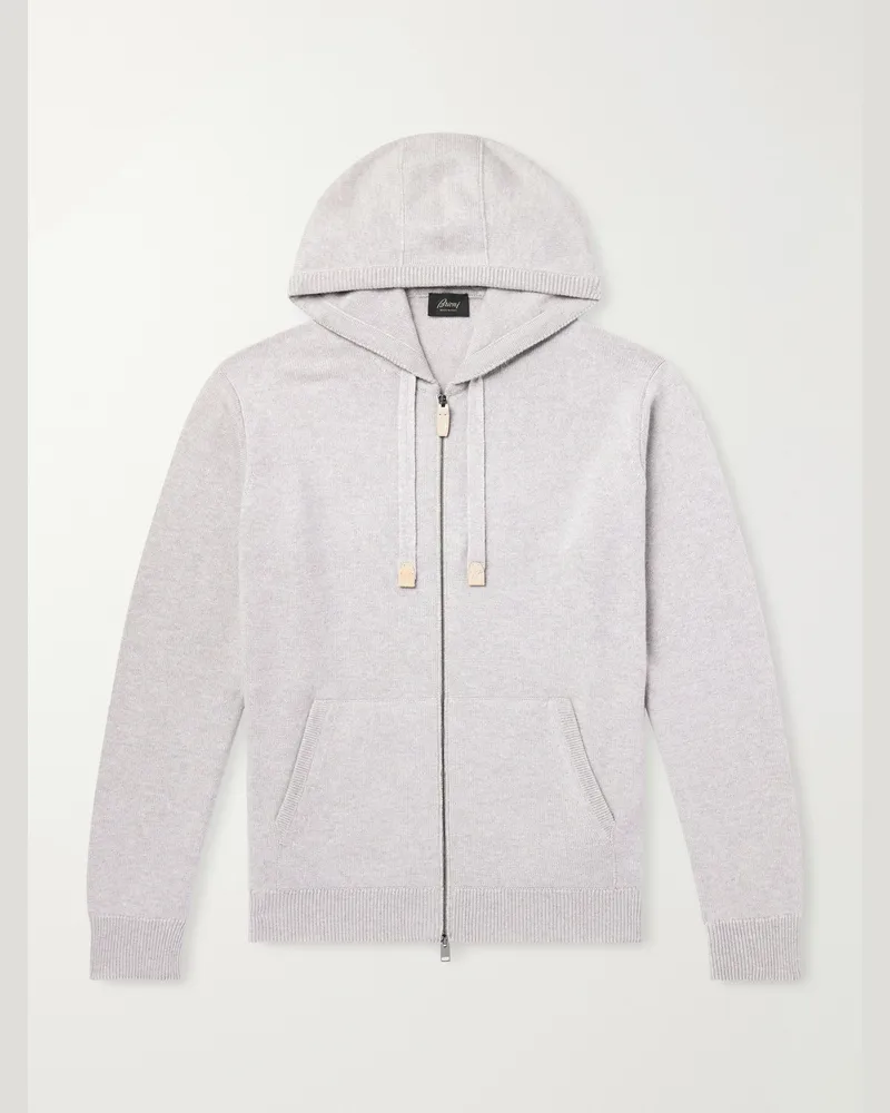 Brioni Hooded Leather-Trimmed Cashmere Zip-Through Sweater Gray