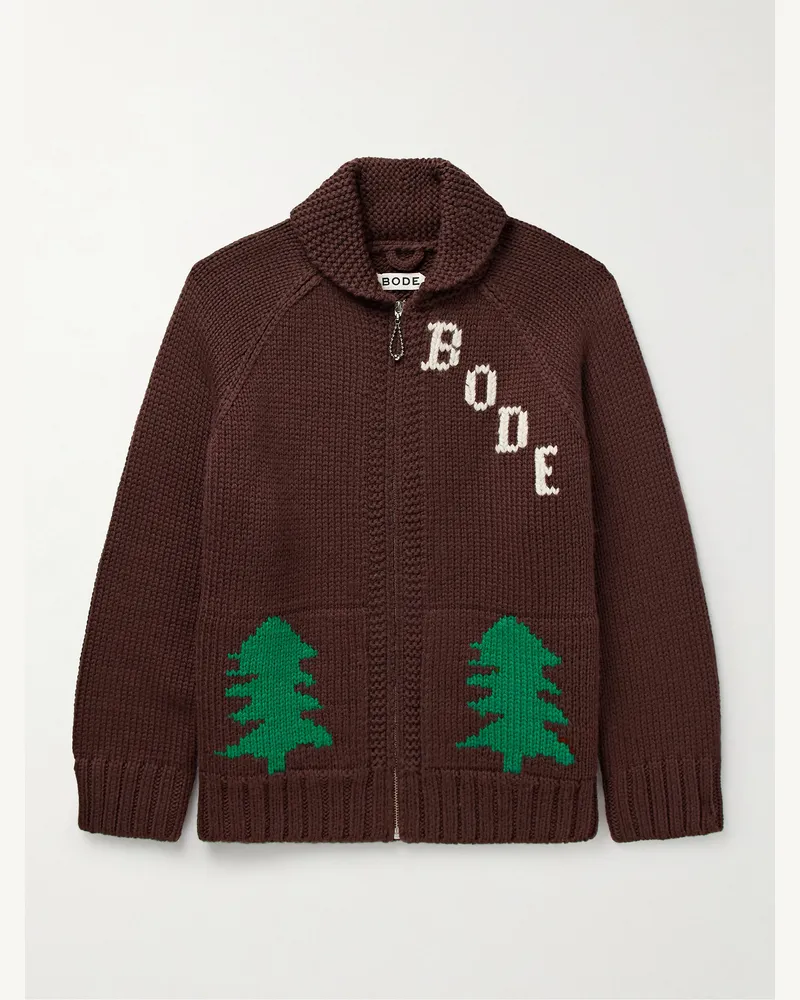 BODE Fir Cardigan aus Wolle mit Reißverschluss, Schalkragen und Intarsienmotiven Braun