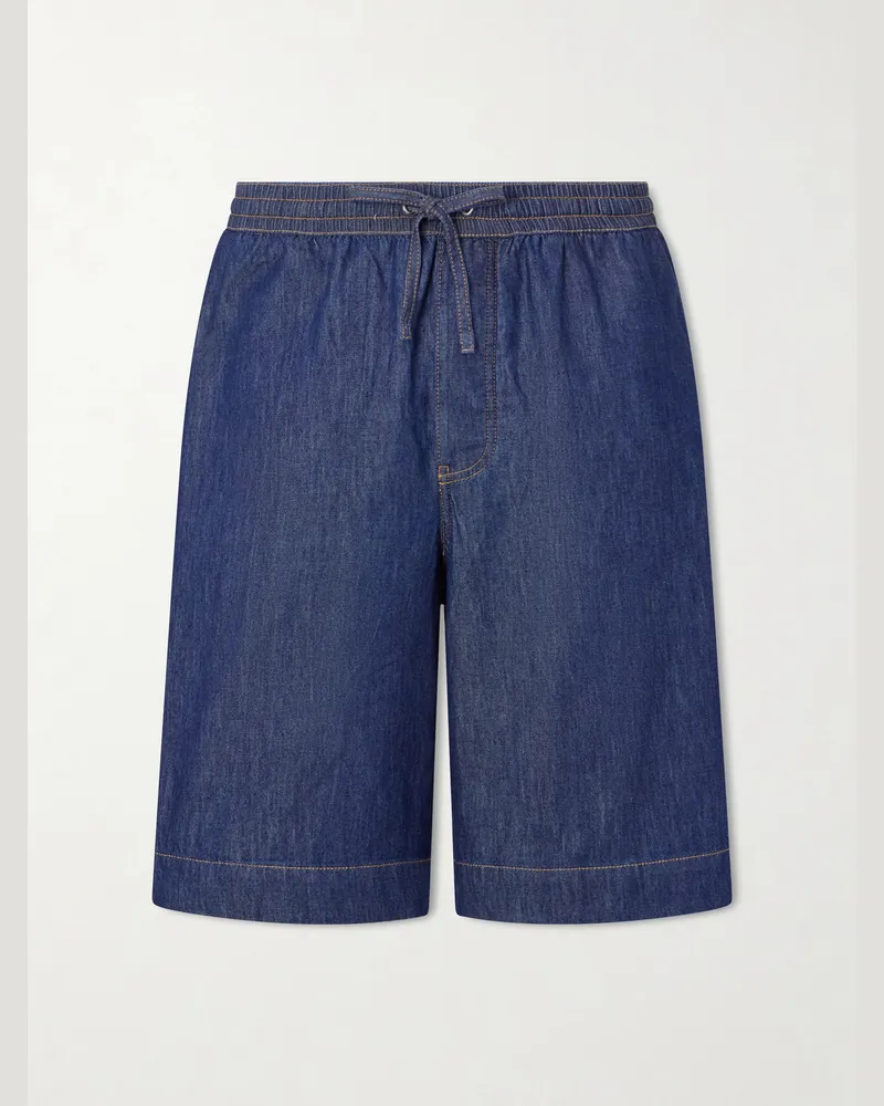 Loewe Wide-Leg Anagram-Detailed Cotton-Chambray Drawstring Shorts Blue