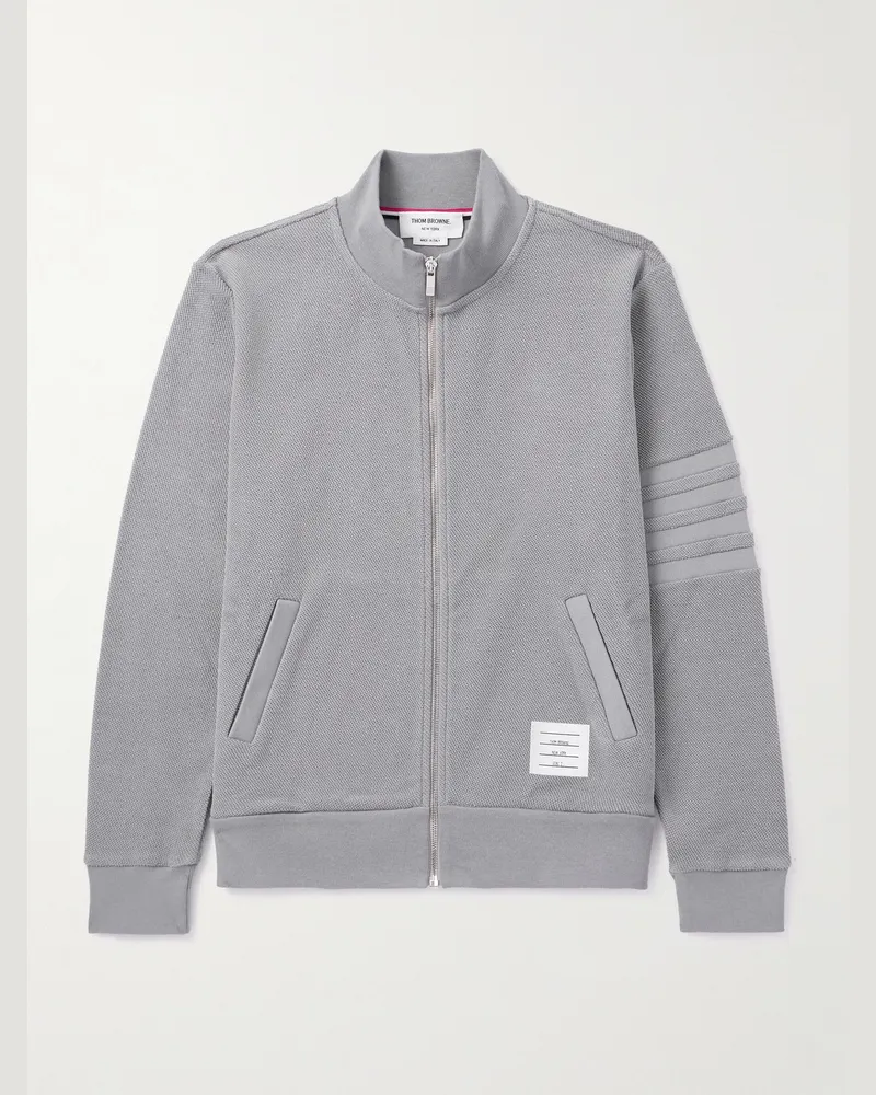 Thom Browne Sweatshirt-Jacke aus Baumwollfrottee mit Reißverschlus und Streifen Grau