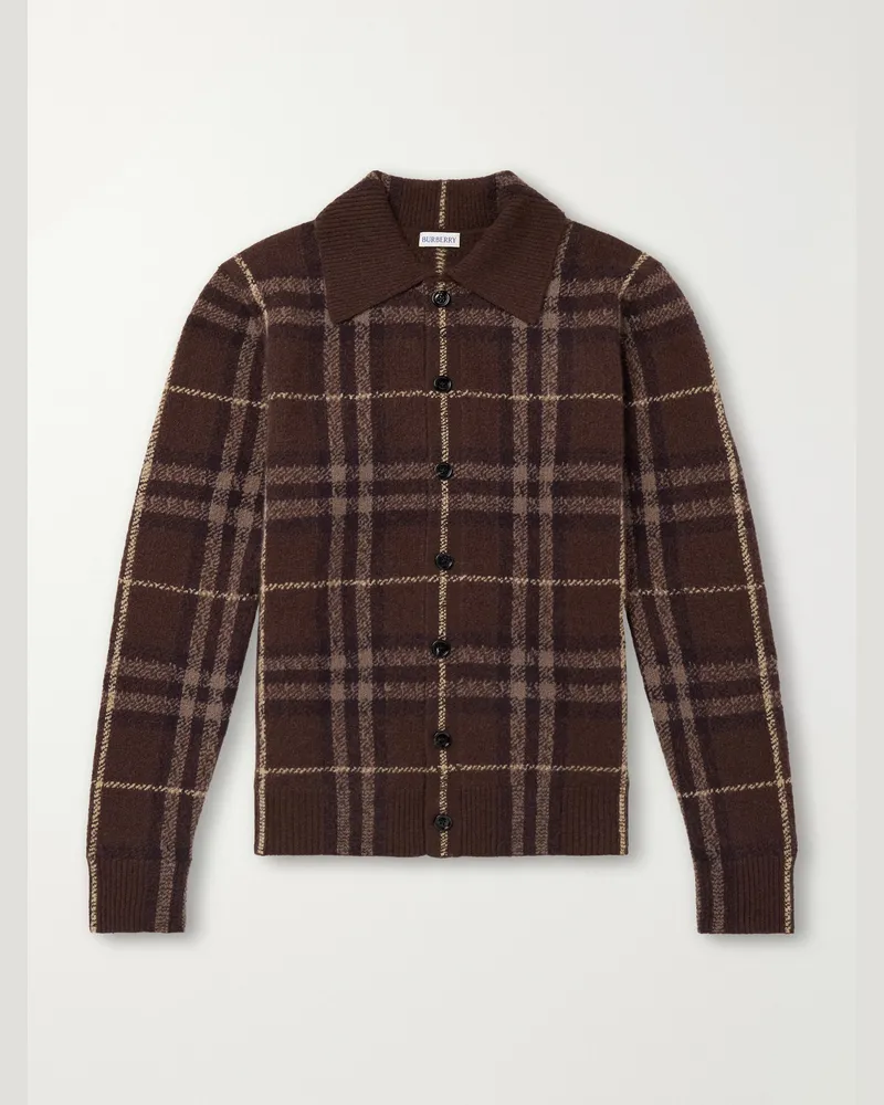Burberry Checked Knitted Cashmere Polo Shirt Brown