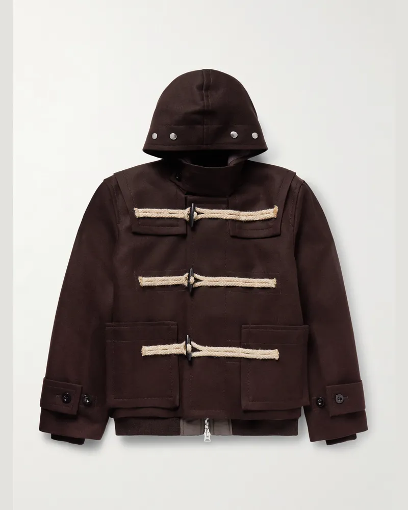 Sacai Mehrlagige Kapuzenjacke aus Melton aus Woll und Nylon mit Kordelbesatz Braun