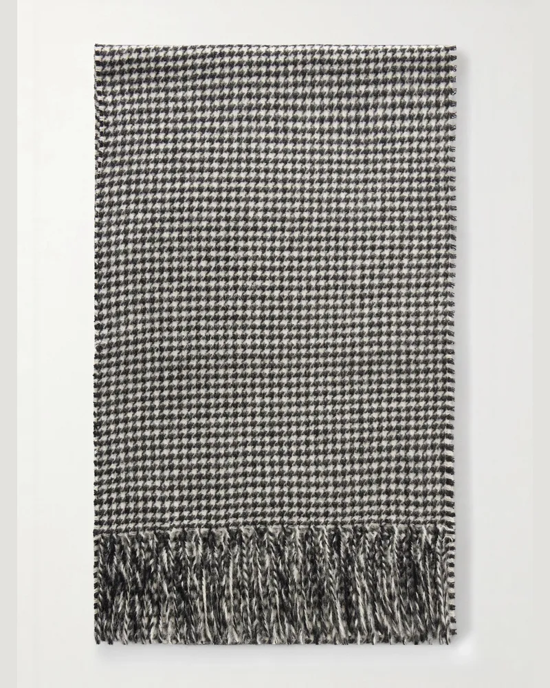 Nili Lotan Fringed Houndstooth Cashmere Scarf Gray