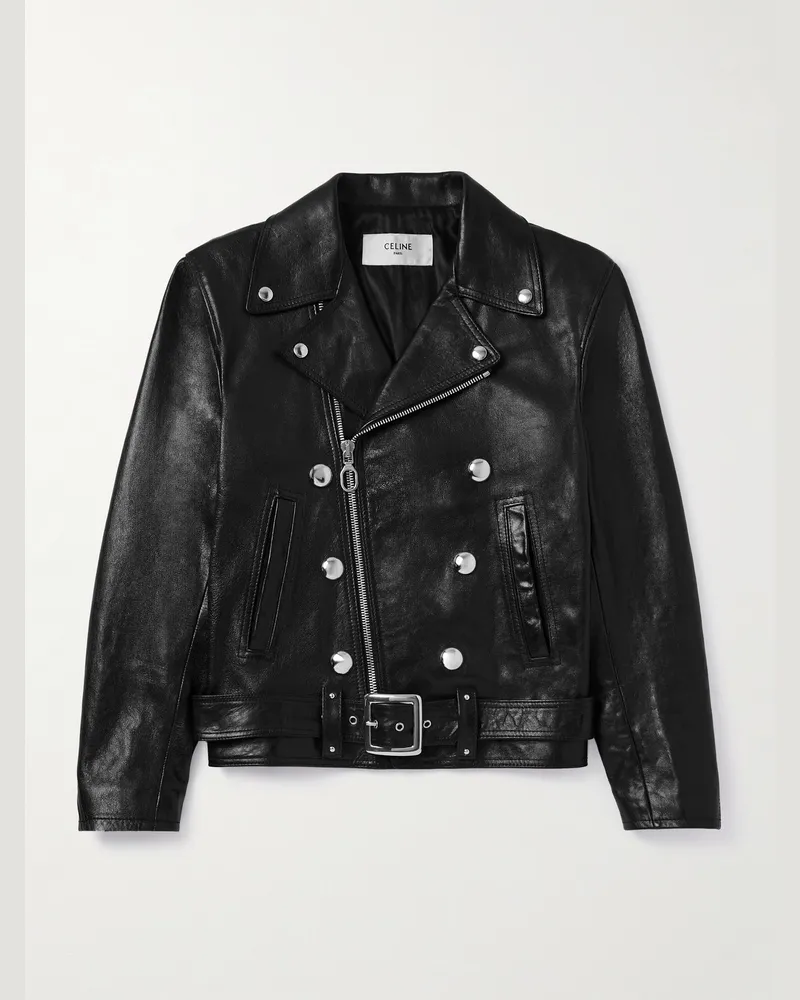 Celine Schmal geschnittene Bikerjacke aus Leder mit Gürtel und Nieten Schwarz