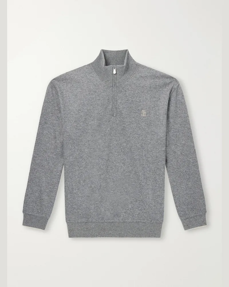 Brunello Cucinelli Logo-Embroidered Cashmere Half-Zip Sweater Gray