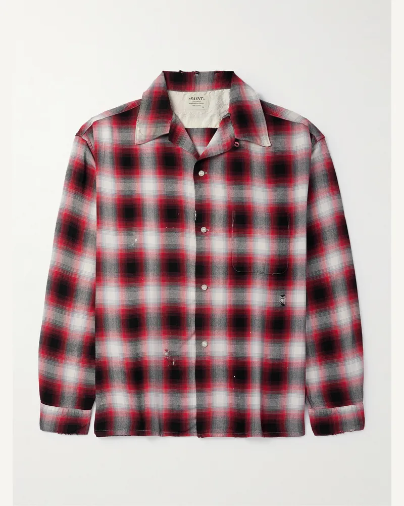 SAINT MXXXXXX LASTMAN Hemd aus kariertem Oxford mit Farbspritzern und wandelbarem Kragen in Distressed-Optik Rot