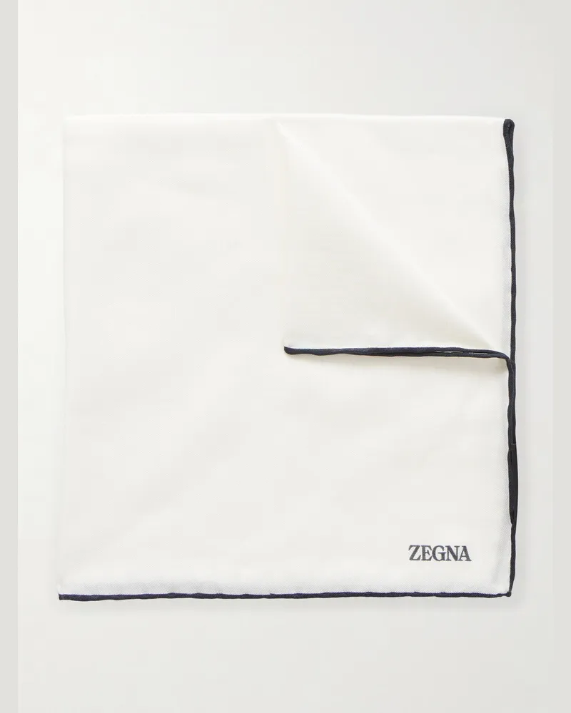 Ermenegildo Zegna Logo-Print Cotton and Silk-Blend Pocket Square White