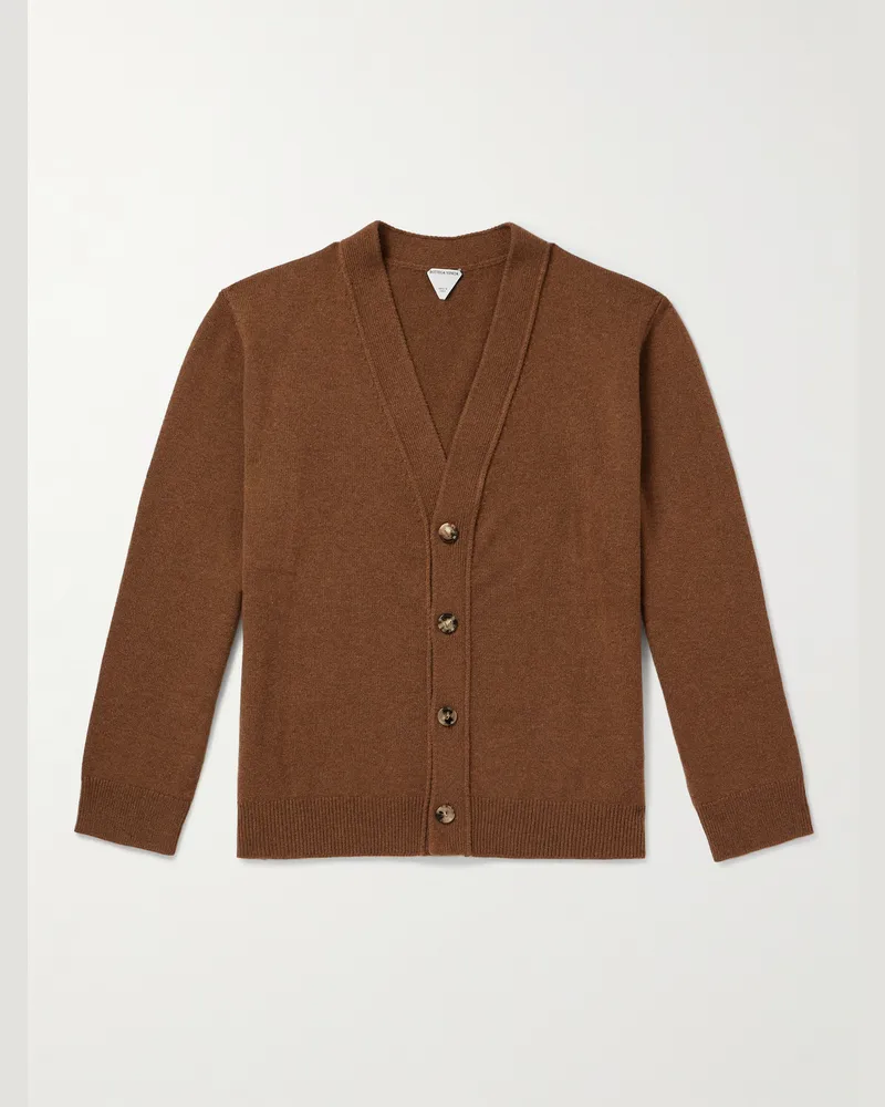 Bottega Veneta Intrecciato Leather-Trimmed Cashmere-Blend Cardigan Brown