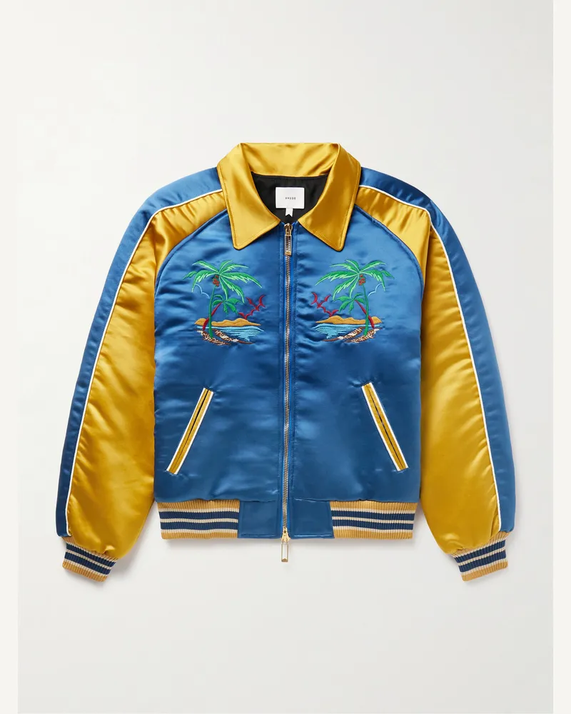 RHUDE Two-Tone Padded Logo-Embroidered Satin Bomber Jacket Blue
