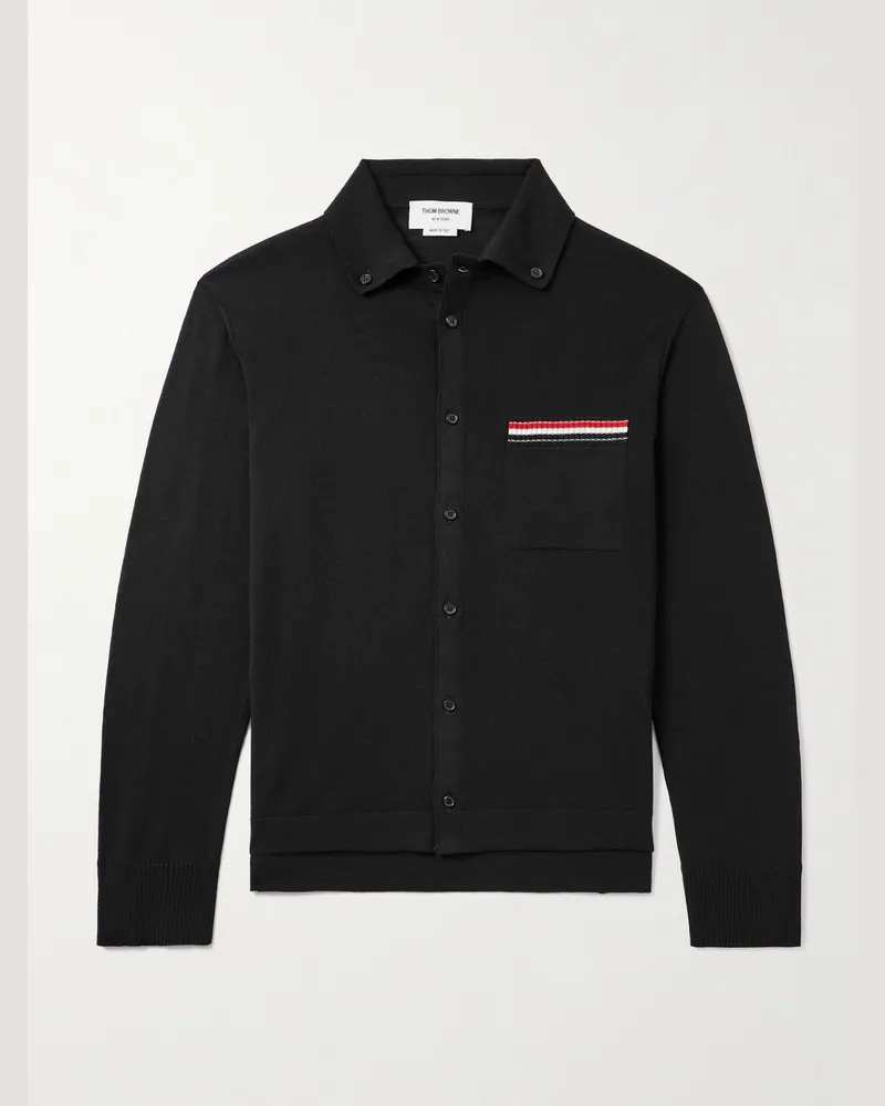 Thom Browne Schmal geschnittener Cardigan aus Wolle mit Button-Down-Kragen und Streifen Schwarz