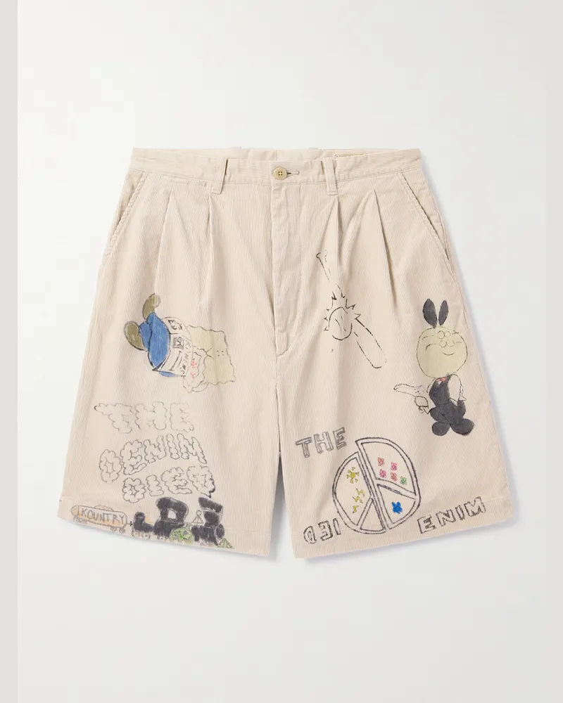 KAPITAL Memorial Paint Straight-Leg Printed Cotton-Corduroy Shorts Neutrals