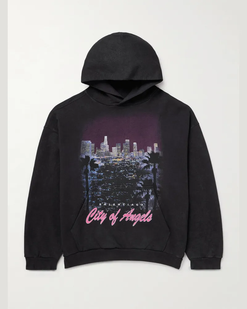 Balenciaga Printed Cotton-Jersey Hoodie Black