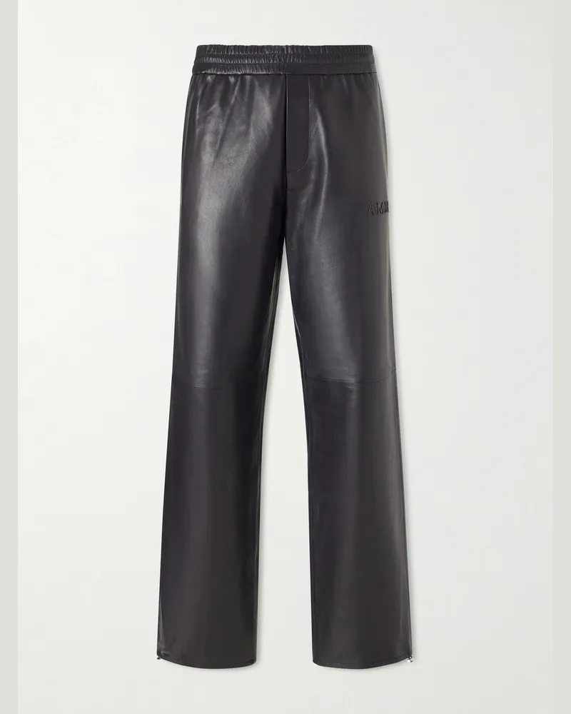 Amiri Gerade geschnittene Hose aus Leder mit Logoapplikation Schwarz