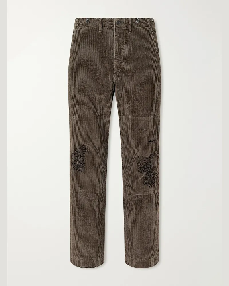 RRL Straight-Leg Distressed Cotton-Corduroy Double-Knee Trousers Brown