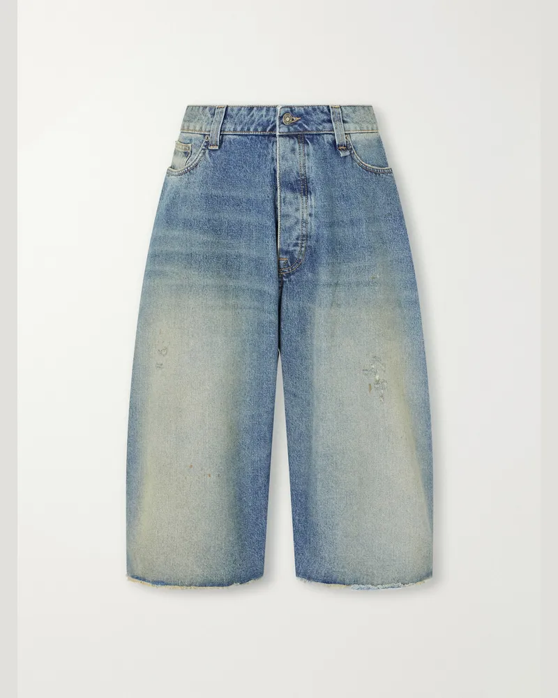 FourTwoFour on Fairfax Big Daddy Wide-Leg Distressed Denim Shorts Blue