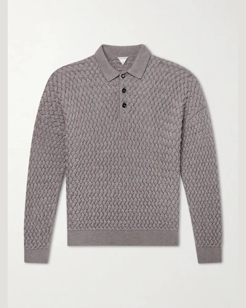 Bottega Veneta Intrecciato Wool Polo Sweater Gray