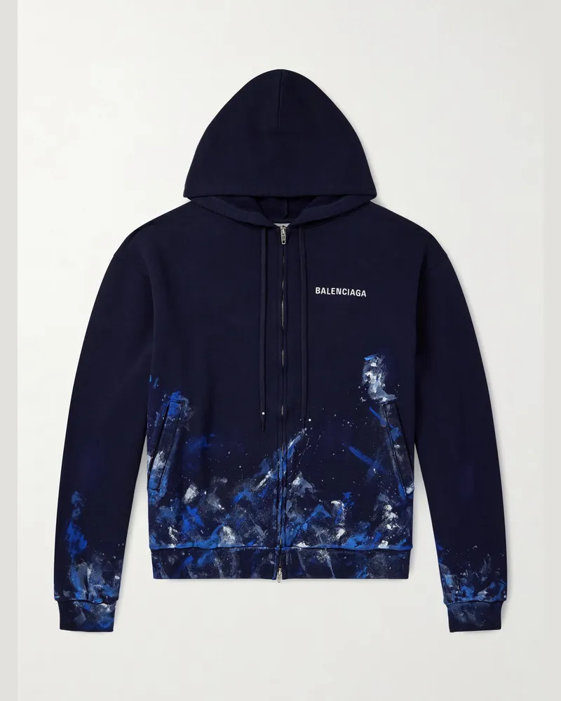 Balenciaga Logo-Embroidered Paint-Splattered Cotton-Jersey Zip-Up Hoodie Blue