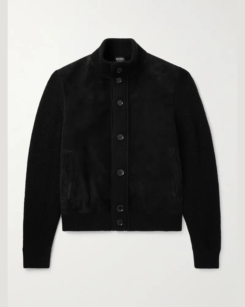 Ermenegildo Zegna Jacke aus strukturiertem Kaschmir mit Velourslederbesatz Schwarz
