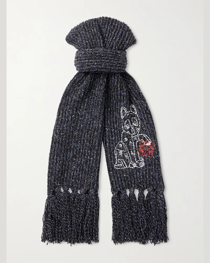Loewe Fringed Embroidered Knitted Scarf Gray