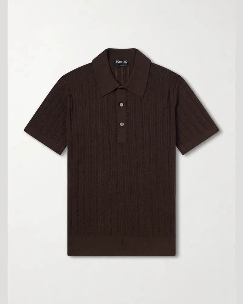 Tom Ford Ribbed Cotton and Silk-Blend Polo Shirt Brown