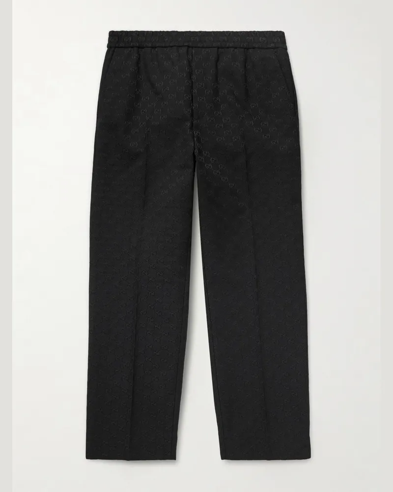Gucci Straight-Leg Logo-Jacquard Cotton-Blend Canvas Drawstring Trousers Black