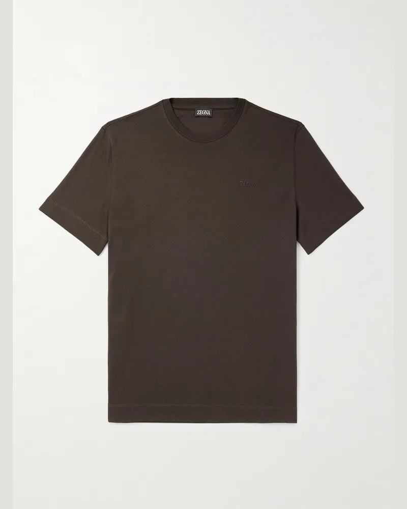 Ermenegildo Zegna Logo-Embroidered Cotton-Jersey T-Shirt Brown