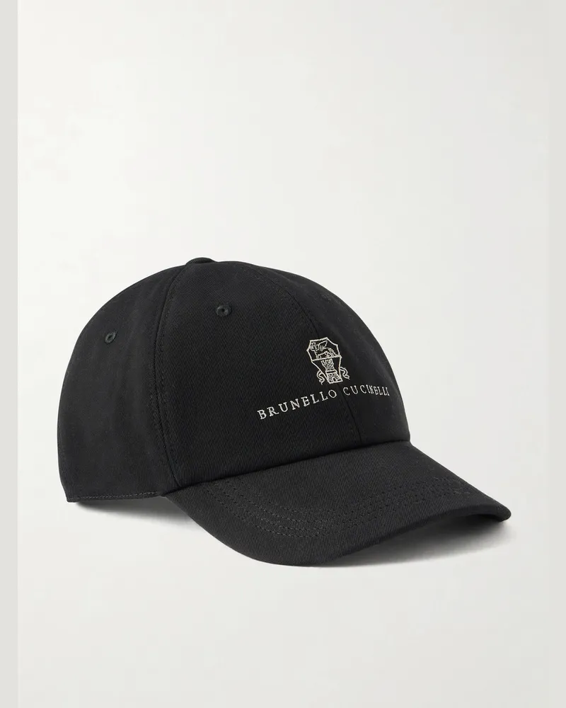 Brunello Cucinelli Logo-Embroidered Leather-Trimmed Cotton-Twill Baseball Cap Black