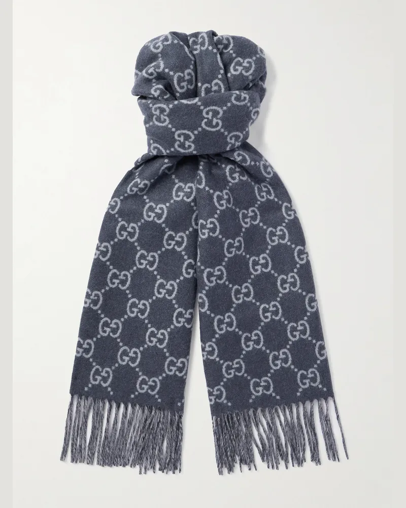 Gucci Schal aus Kaschmir-Jacquard mit Logomuster und Fransen Blau