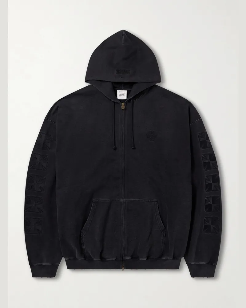 VETEMENTS Logo-Embroidered Cotton-Jersey Zip-Up Hoodie Black