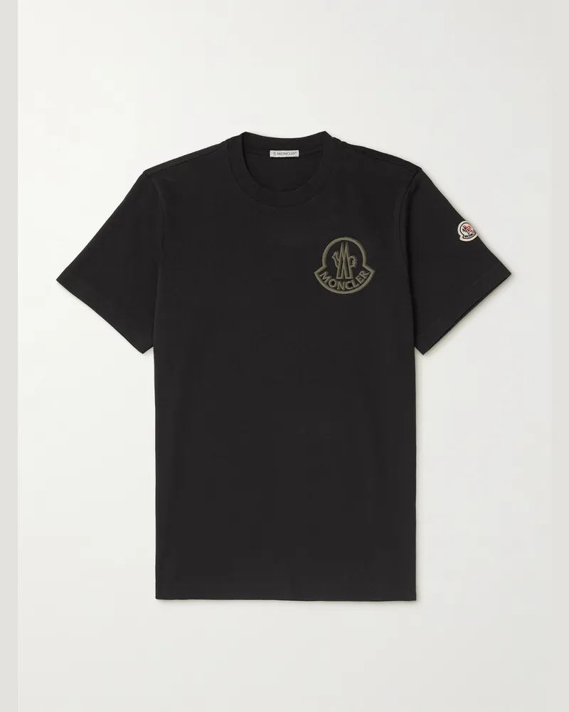 Moncler T-Shirt aus Baumwoll-Jersey mit Logoflockdruck und Applikation Schwarz