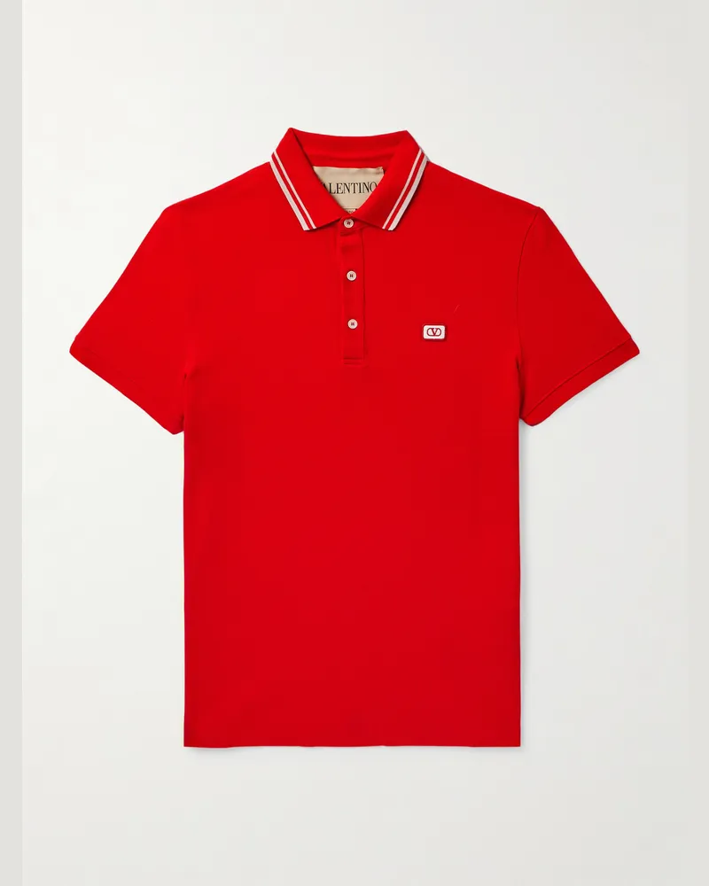 Valentino Garavani Logo-Appliquéd Striped Cotton-Piqué Polo Shirt Red