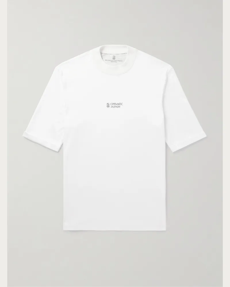 Brunello Cucinelli T-Shirt aus Baumwoll-Jersey mit Logoprint und Stehkragen Weiß