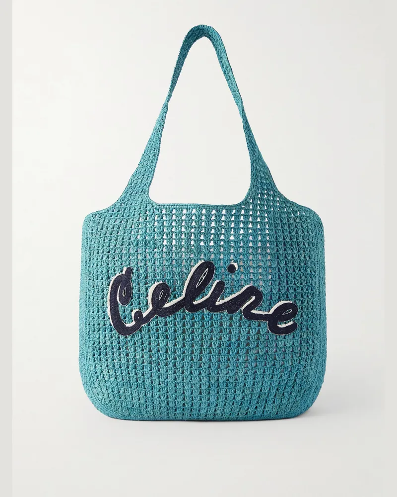 Celine Logo-Appliquéd Raffia Tote Bag Blue