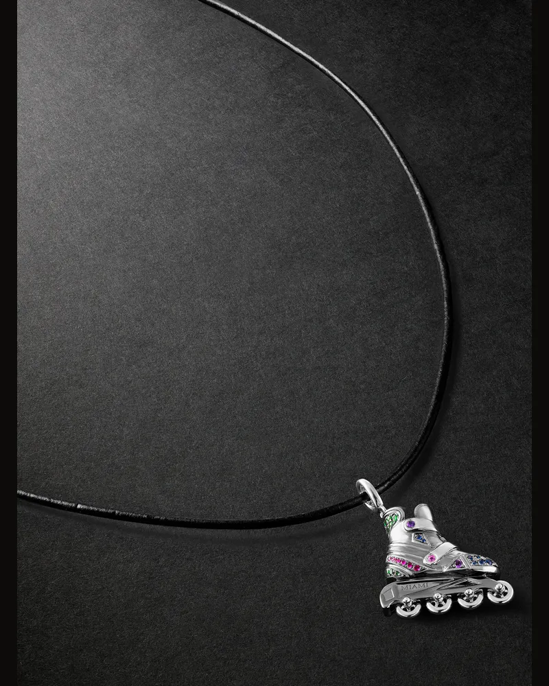 Annoushka Miami Rollerskate 18-Karat Blackened and White Gold, Multi-Stone and Leather Pendant Necklace Silver