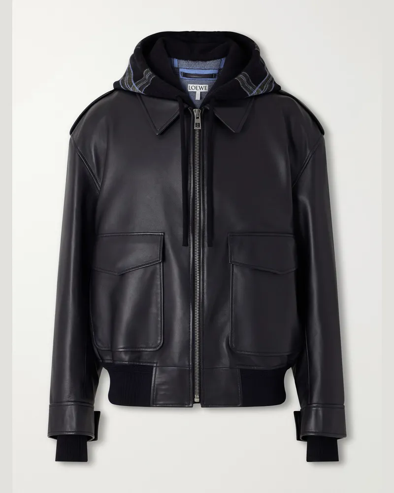 Loewe Hooded Checked Knit-Trimmed Leather Jacket Black