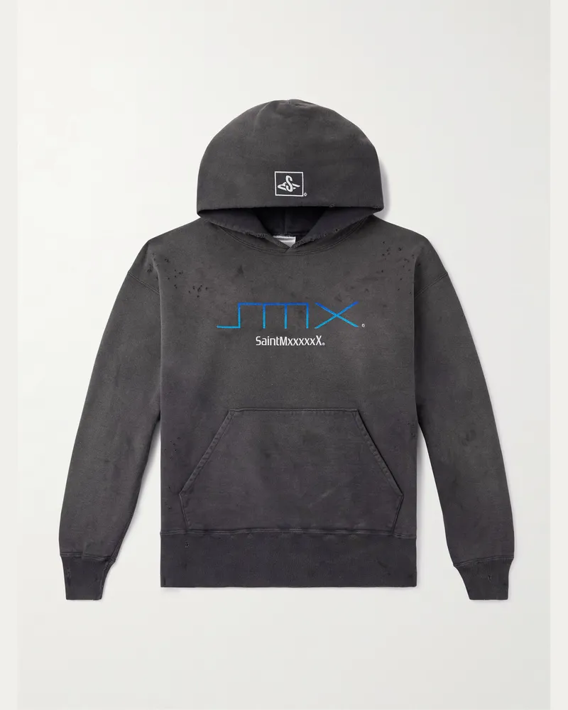 SAINT MXXXXXX SMX6 Distressed Logo-Print Cotton-Jersey Hoodie Black