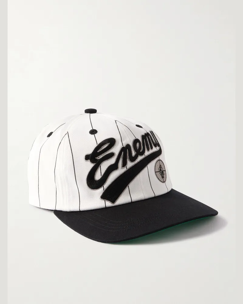 SAINT MXXXXXX Public Enemy Logo-Appliquéd Striped Cotton-Twill Baseball Cap White