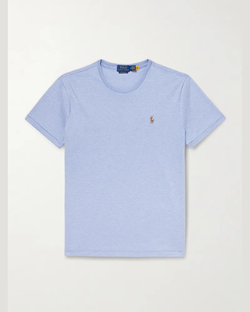 Ralph Lauren Slim-Fit Logo-Embroidered Mélange Pima Cotton-Jersey T-Shirt Blue