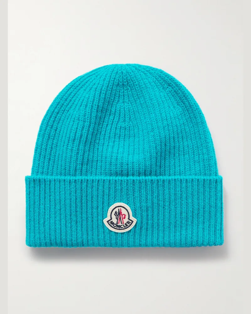 Moncler Beanie in Rippstrick aus einer Schurwoll-Kaschmirmischung mit Applikation Blau