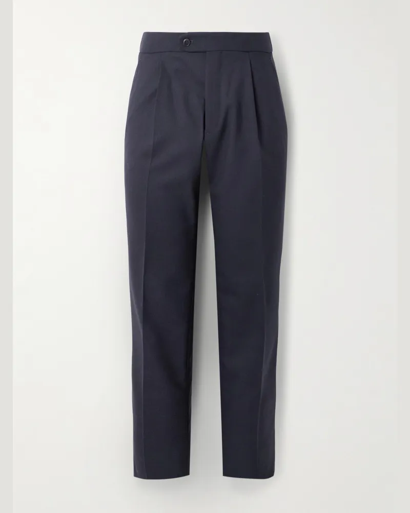 Brioni Firenze schmal zulaufende Hose aus Grain de Poudre aus Wolle mit Falten und Lederbesatz Blau